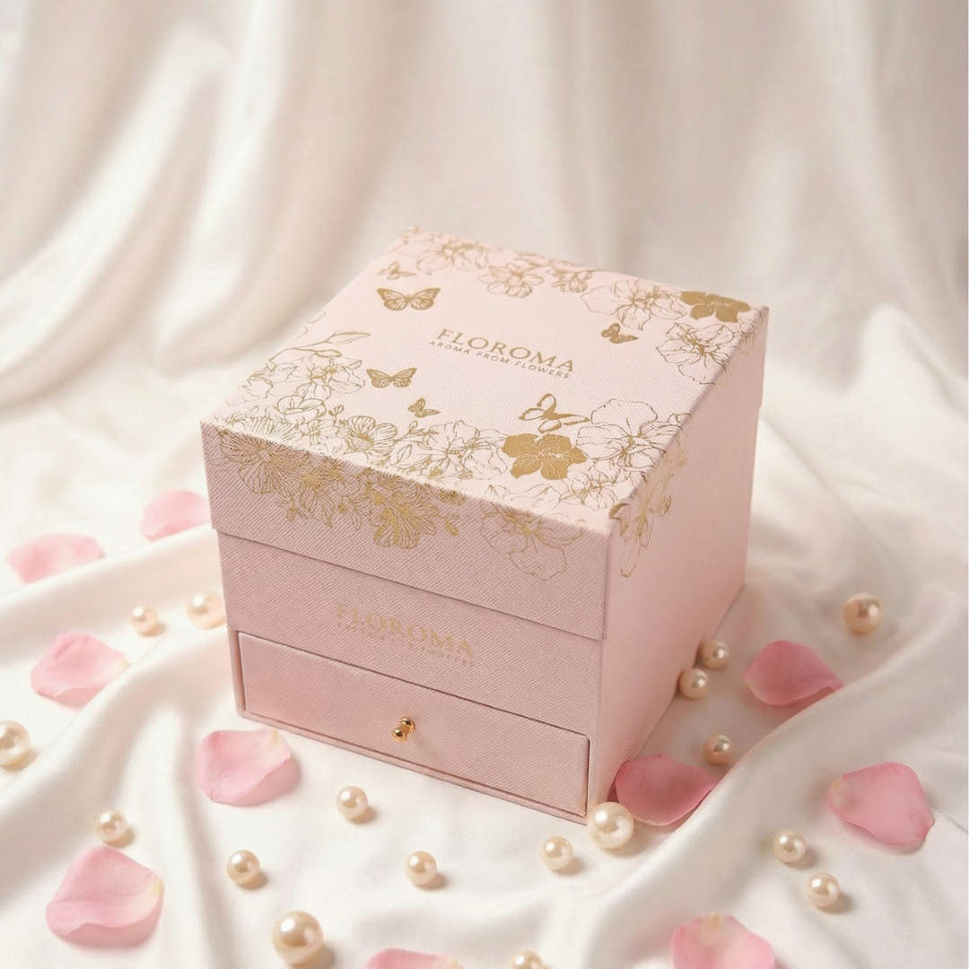 【Perfektes Geschenkset】Blossom-Blumenbox mit zwei Schubladen + 35 ml Parfüm + Nachfüllflakon-Set