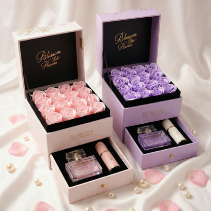 【Perfektes Geschenkset】Blossom-Blumenbox mit zwei Schubladen + 35 ml Parfüm + Nachfüllflakon-Set