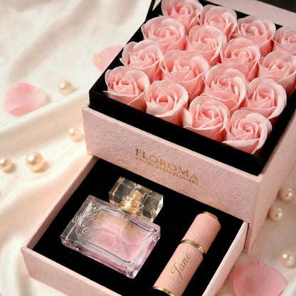 【Personalisiertes Geschenk】Blossom Doppelschubladen-Blumenbox + 35ml Parfüm + Graviertes Nachfüllfläschchen-Set