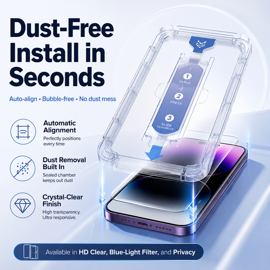 ✨ Dust-Free Installation Screen Protector for iPhone 11–17 — HD Clear, Anti-Blue Light, and Privacy Versions