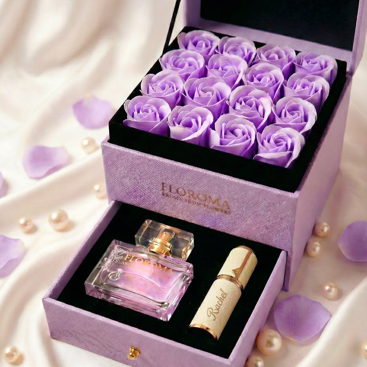 【Personalisiertes Geschenk】Blossom Doppelschubladen-Blumenbox + 35ml Parfüm + Graviertes Nachfüllfläschchen-Set
