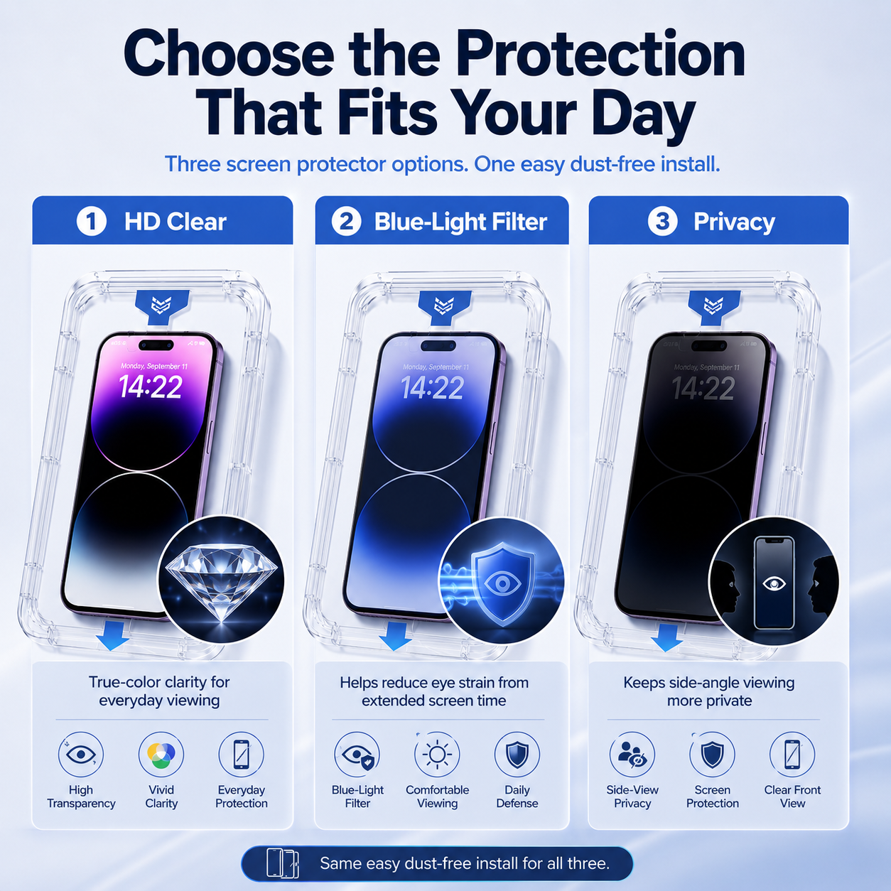 ✨ Dust-Free Installation Screen Protector for iPhone 11–17 — HD Clear, Anti-Blue Light, and Privacy Versions