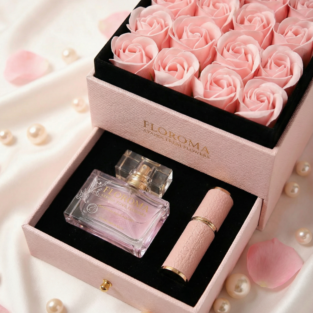 【Perfektes Geschenkset】Blossom-Blumenbox mit zwei Schubladen + 35 ml Parfüm + Nachfüllflakon-Set