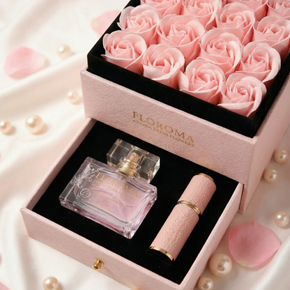 【Personalisiertes Geschenk】Blossom Doppelschubladen-Blumenbox + 35ml Parfüm + Graviertes Nachfüllfläschchen-Set