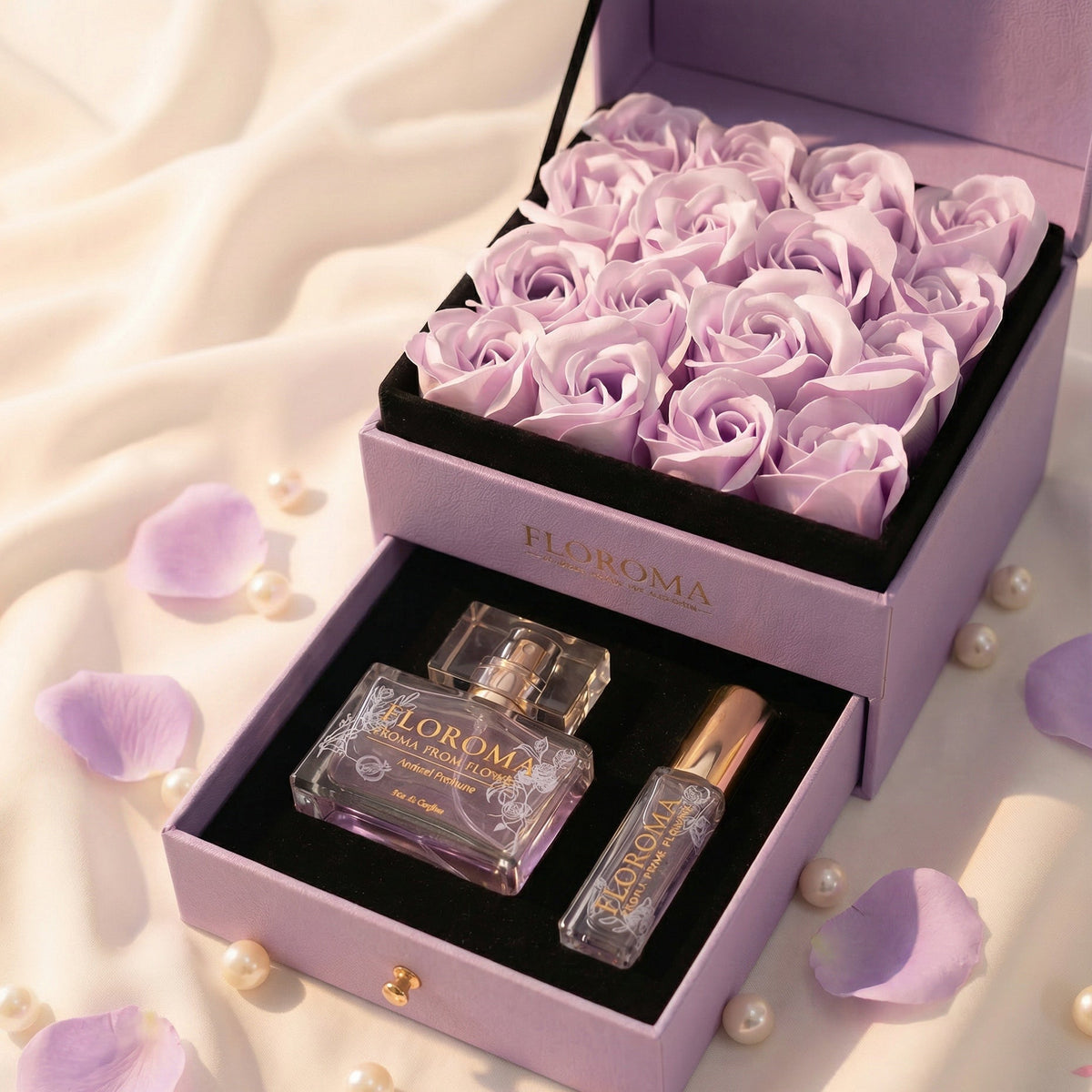 【Perfektes Geschenkset】Blumenbox mit Doppelschublade + Parfümset (35 ml + 10 ml)