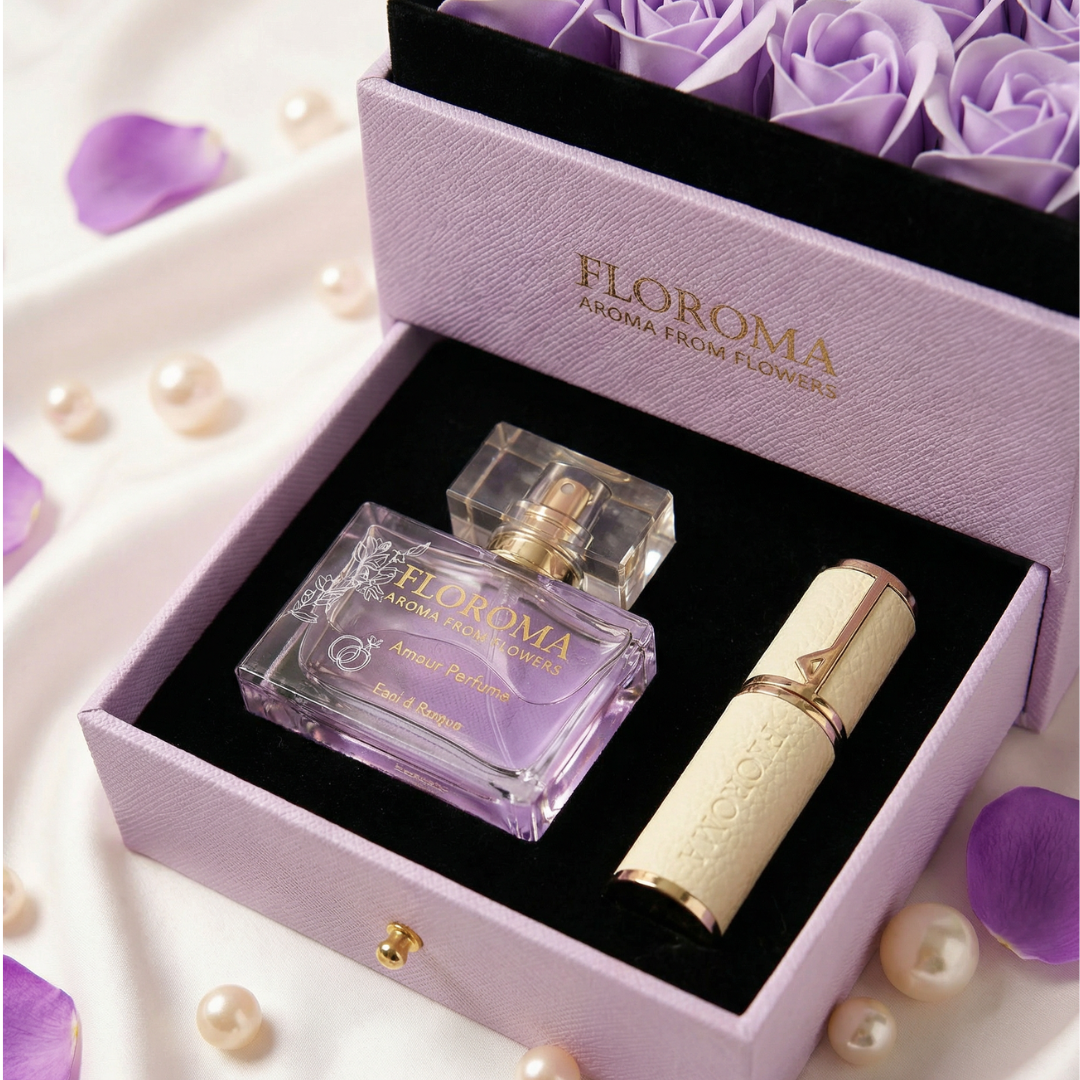 【Personalisiertes Geschenk】Blossom Doppelschubladen-Blumenbox + 35ml Parfüm + Graviertes Nachfüllfläschchen-Set