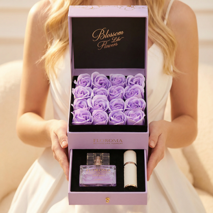 【Personalisiertes Geschenk】Blossom Doppelschubladen-Blumenbox + 35ml Parfüm + Graviertes Nachfüllfläschchen-Set