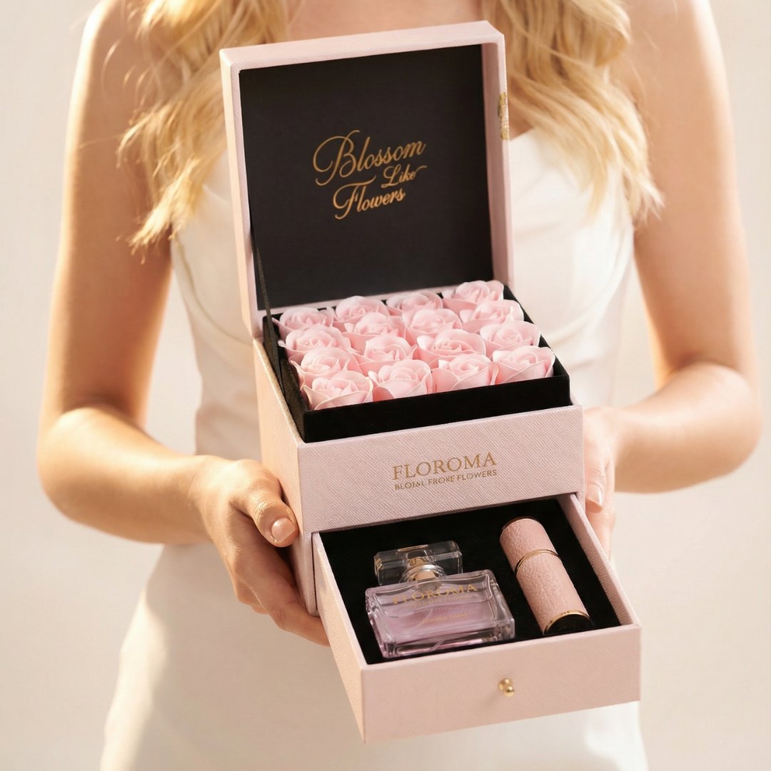 【Personalisiertes Geschenk】Blossom Doppelschubladen-Blumenbox + 35ml Parfüm + Graviertes Nachfüllfläschchen-Set