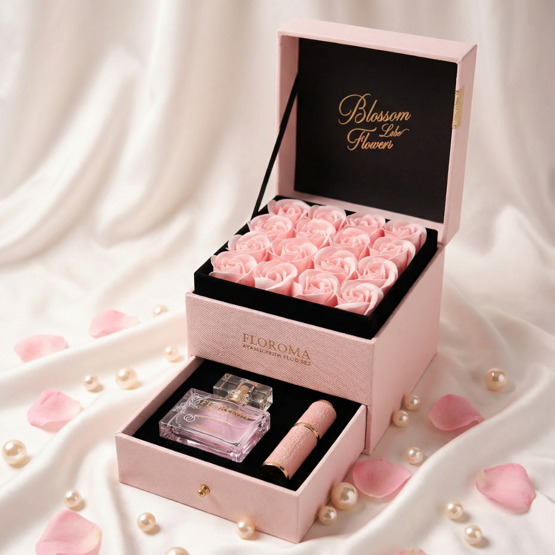 Pink Blossom Schubladen-Geschenkbox mit Blumenmotiv (inklusive Grußkarte + Geschenktüte)