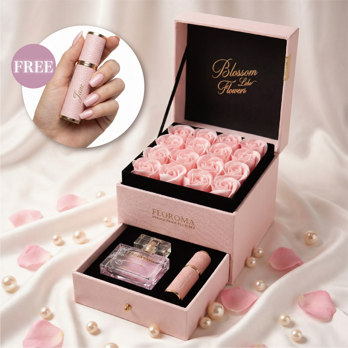 【Personalisiertes Geschenk】Blossom Doppelschubladen-Blumenbox + 35ml Parfüm + Graviertes Nachfüllfläschchen-Set