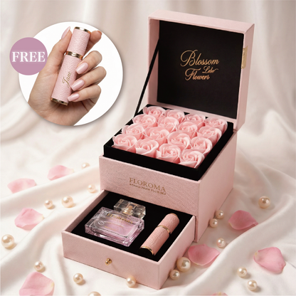 【Personalisiertes Geschenk】Blossom Doppelschubladen-Blumenbox + 35ml Parfüm + Graviertes Nachfüllfläschchen-Set