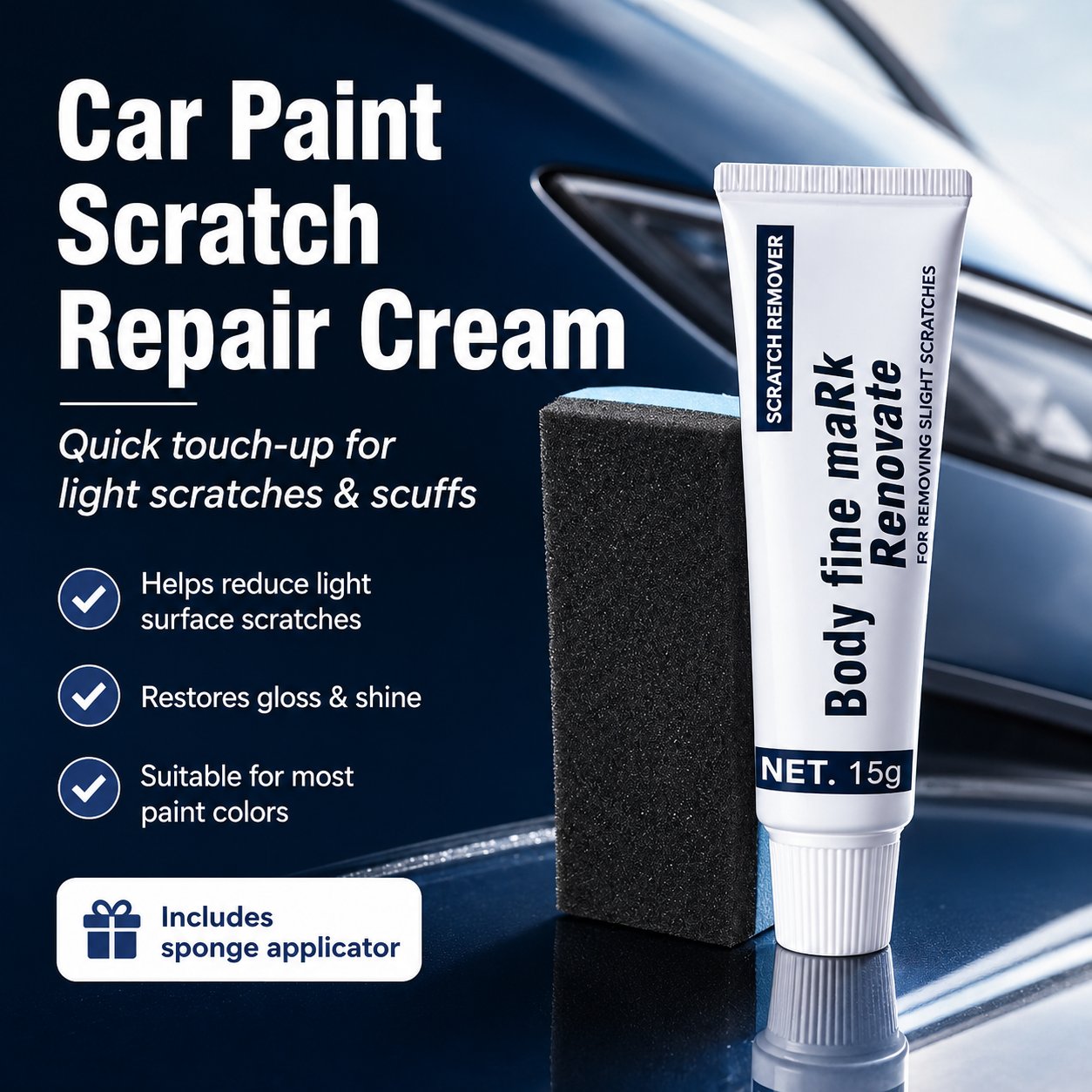 Car paint scratch repair cream with sponge applicator
