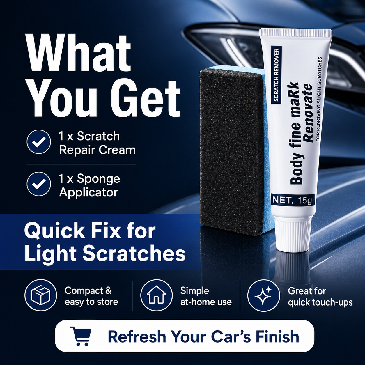 Scratch repair cream and sponge included in the kit