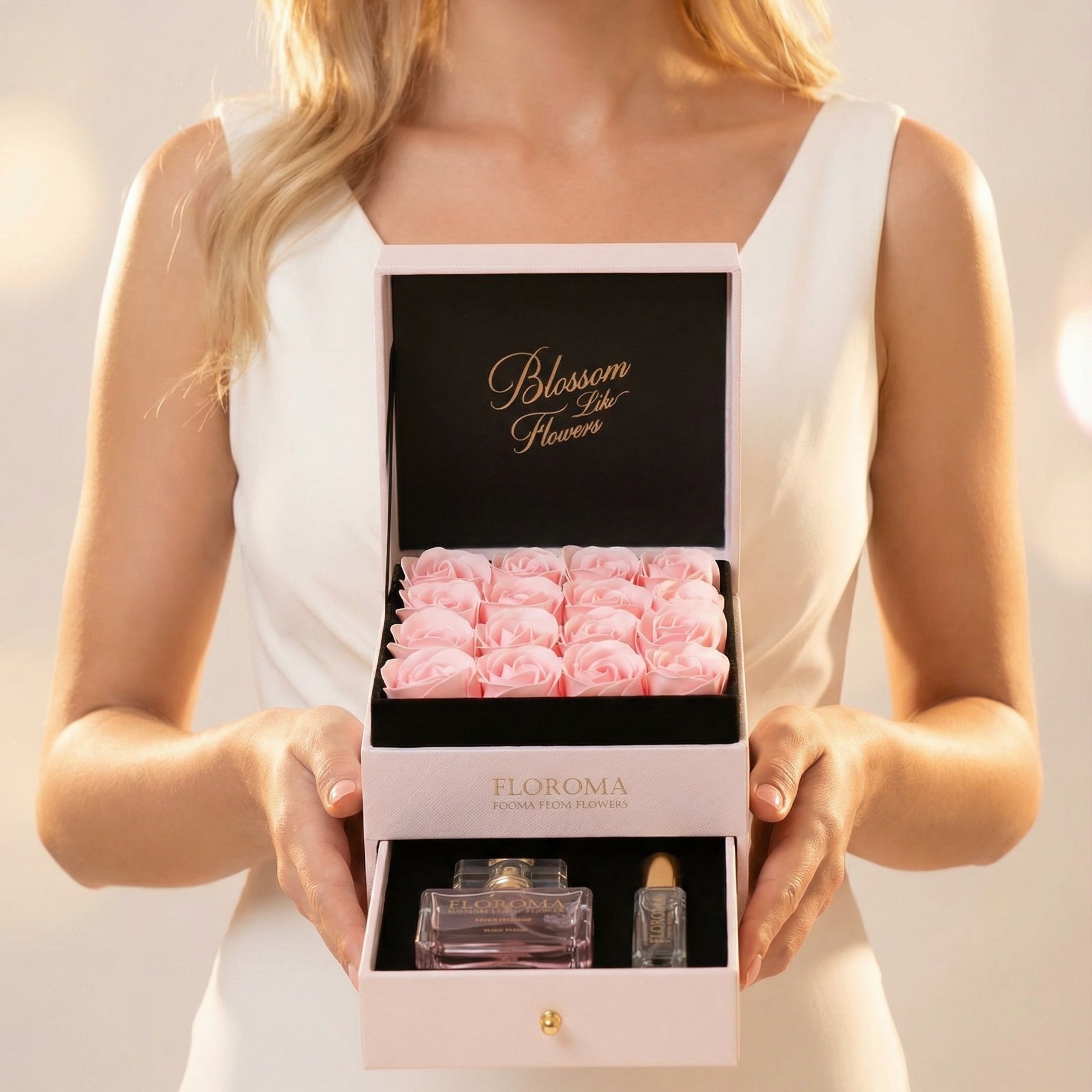 Pink Drawer-style Floral Box (includes a greeting card + gift bag)