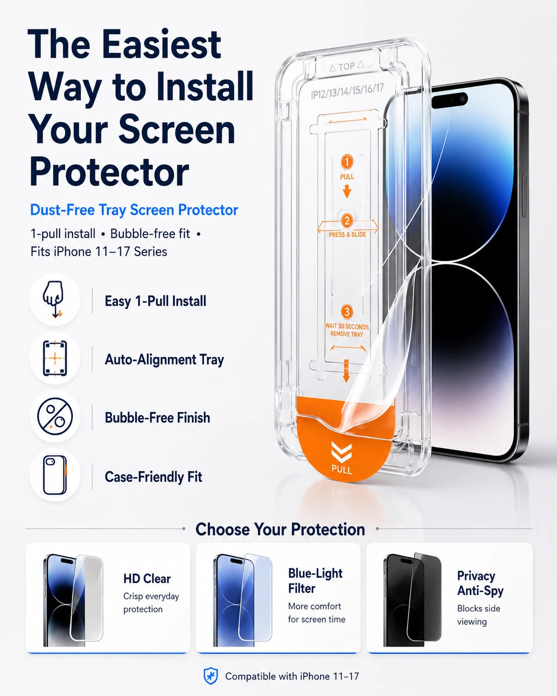 ✨ Dust-Free Installation Screen Protector for iPhone 11–17 — HD Clear, Anti-Blue Light, and Privacy Versions