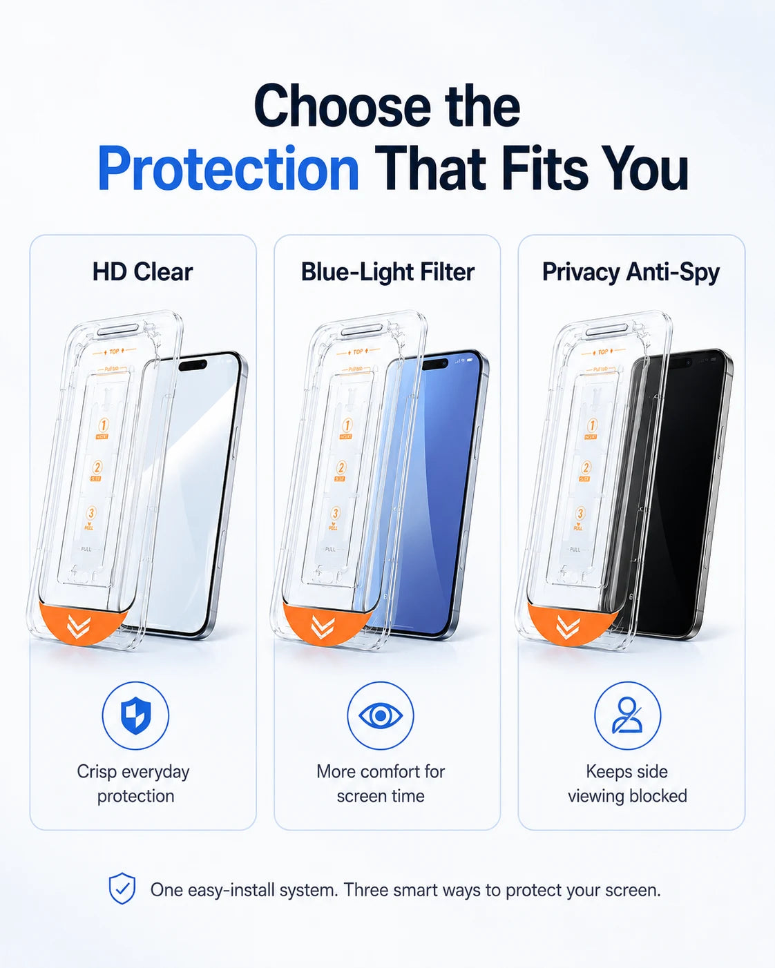 HD clear blue-light filter and privacy screen protector options